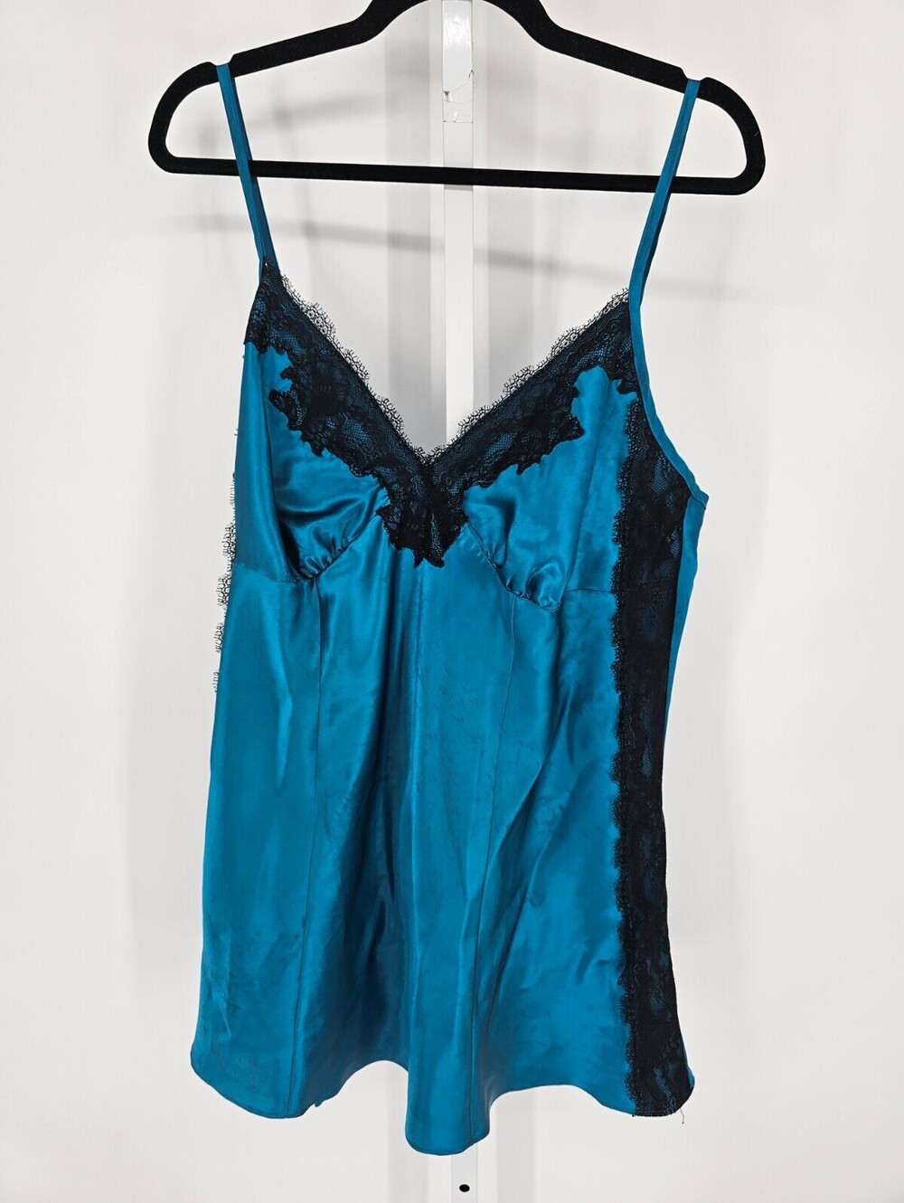 Cacique Womens Sz 14/16 Teal Blue Satin Nightie Nightgown Black Lace Trim